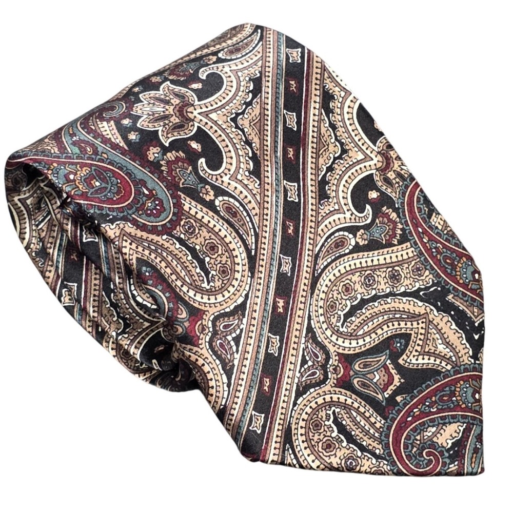 Stafford Executive Silk Paisley Tie Men's Burgundy Tan Teal Hand Finished USA